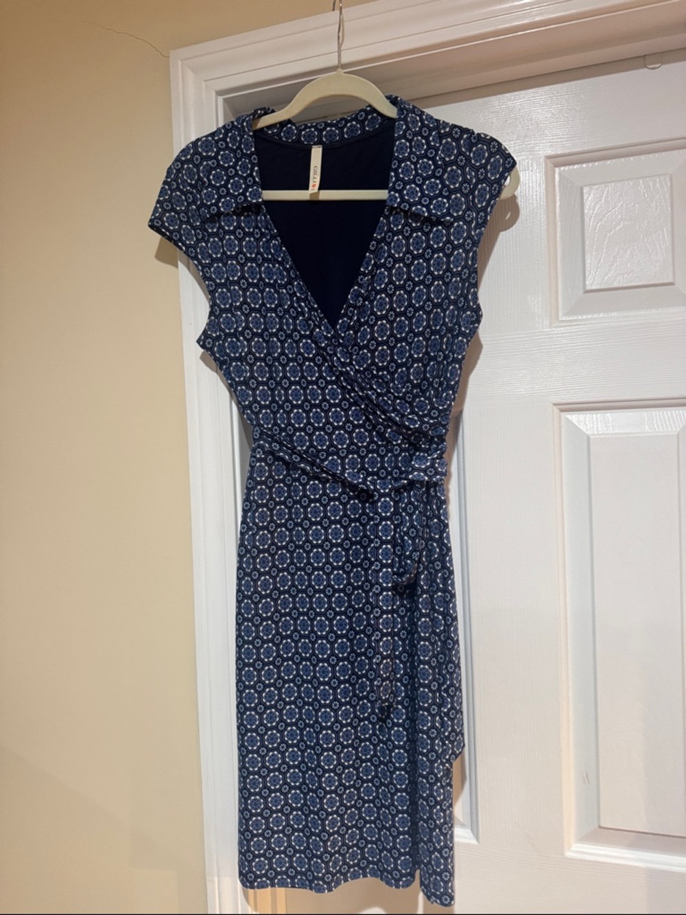 Gilli Navy Blue Printed Wrap-Style Midi Dress